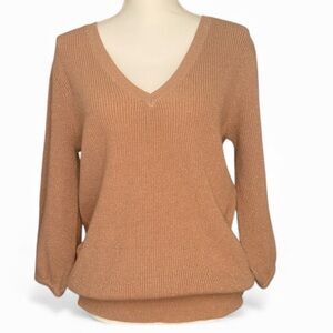 7th Avenue Rose Gold 🆕 Puff Shoulder 3/4 Sleeves V-Neck Sweater 👀 NWOT Sz Large